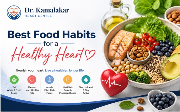 Best Food Habits for a Healthy Heart — banner from Dr. Kamalakar Heart Centre with whole foods, fish, nuts and greens.