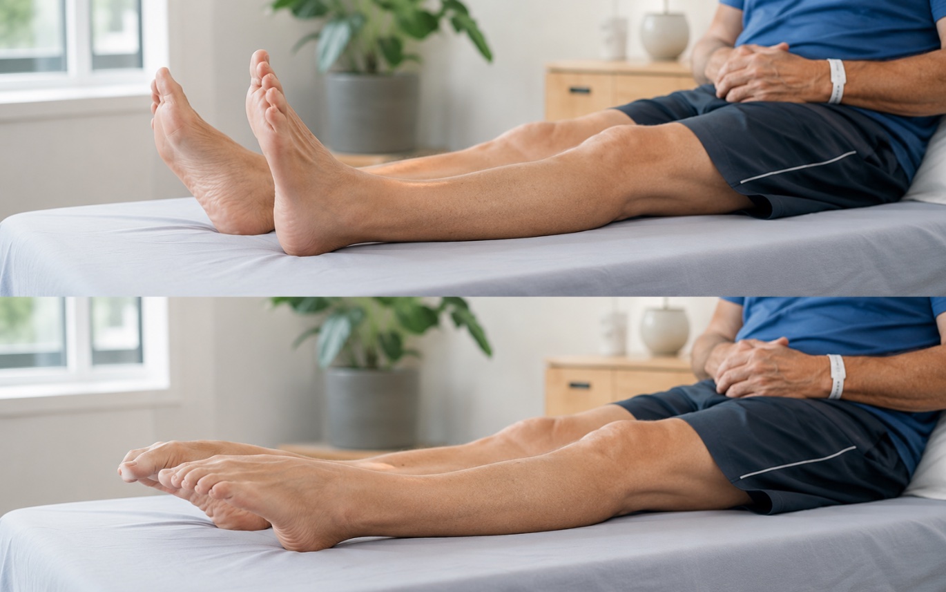 Ankle pump exercise during cardiac rehabilitation — feet pointed away and then flexed back while lying down