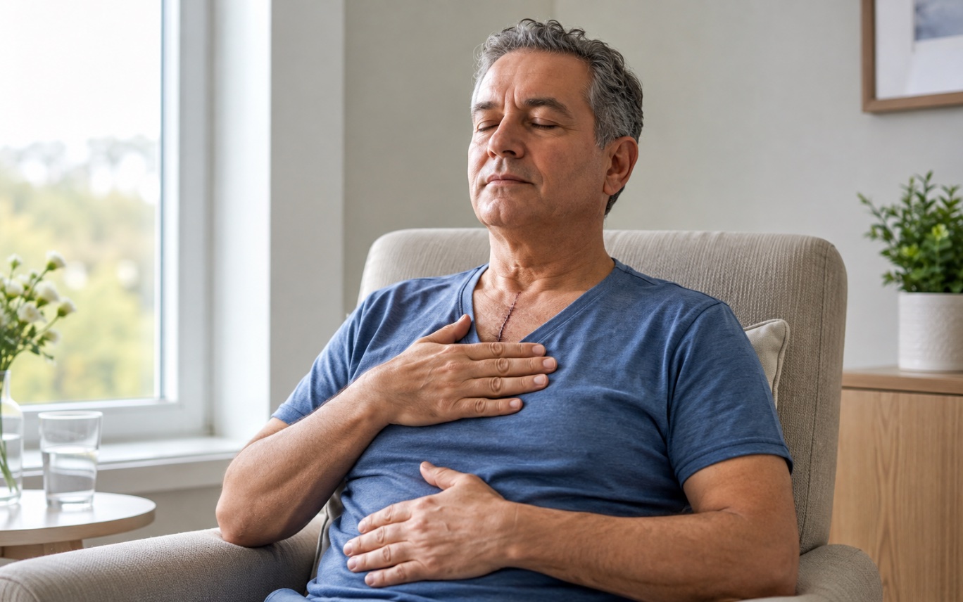 Deep breathing exercise after open heart surgery — a man seated in an armchair with one hand on his chest and one on his abdomen