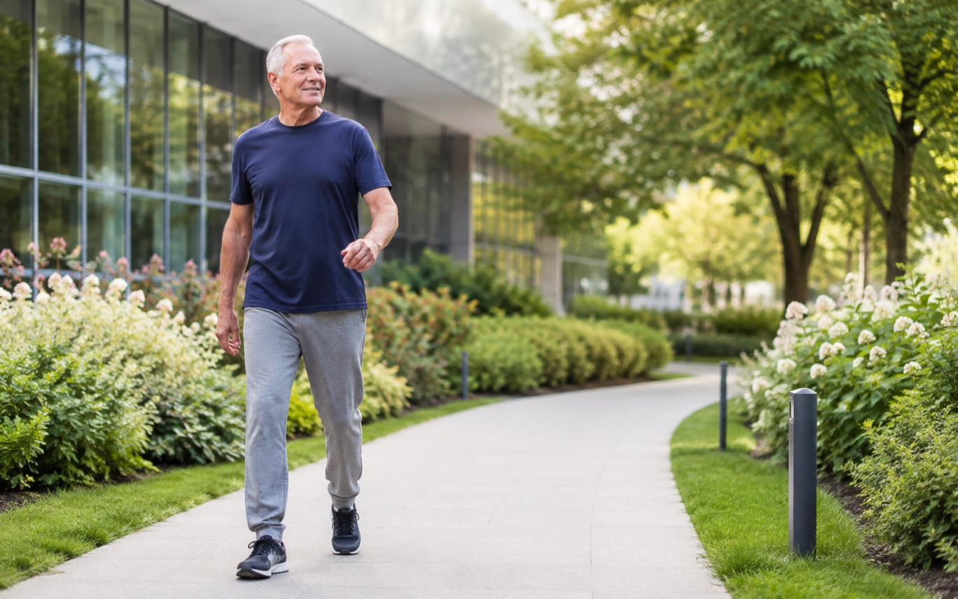 Gentle walking exercise after open heart surgery — an older man walking slowly along a garden path outside a hospital