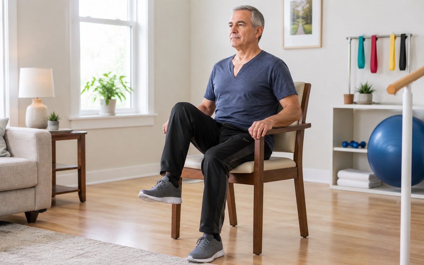 Seated marching exercise after heart surgery — a man seated on a stable chair lifting one knee at a time