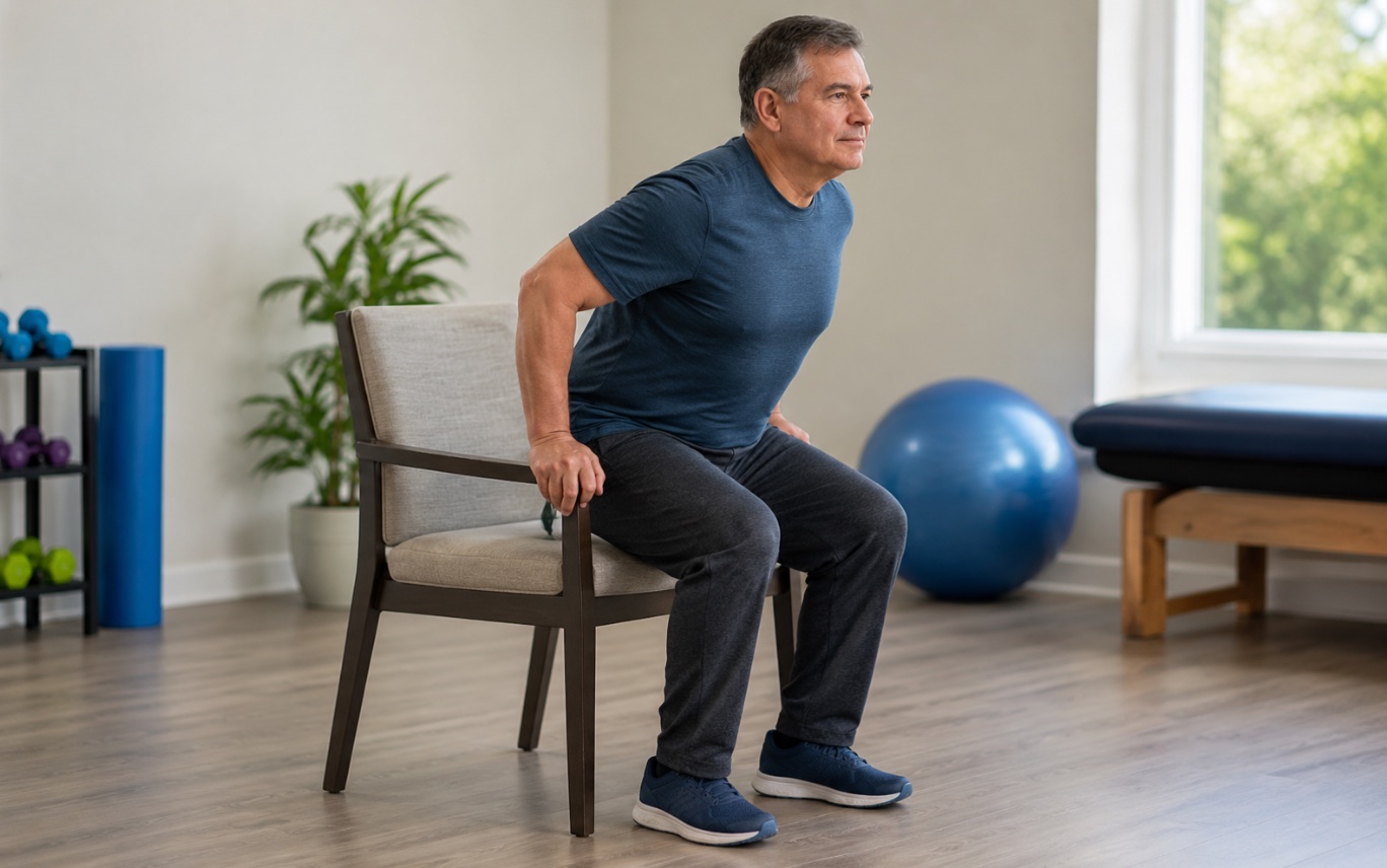 Sit-to-stand cardiac rehabilitation exercise — a man rising slowly from a sturdy chair with feet flat on the floor