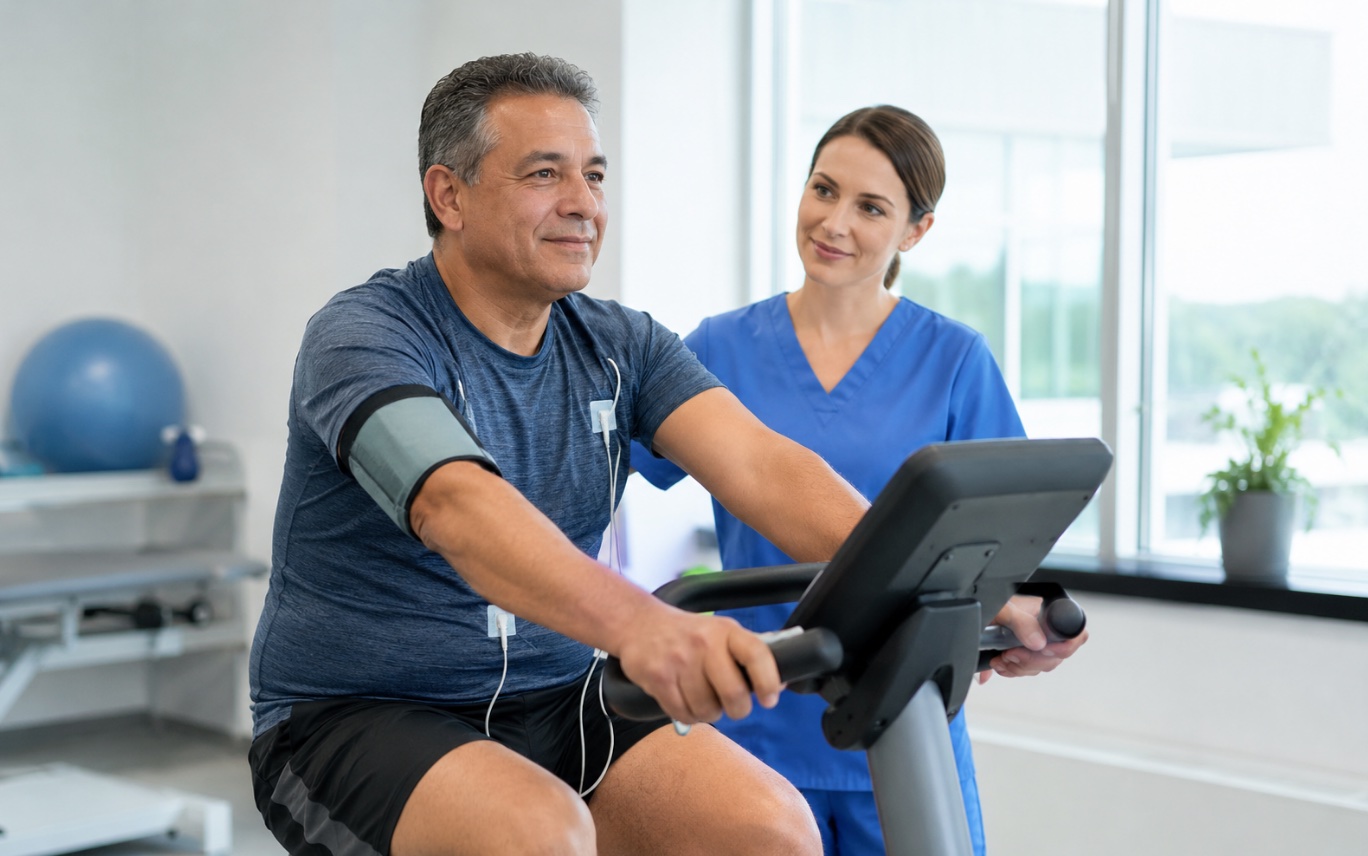 Stationary cycling during cardiac rehabilitation — a patient on an exercise bike with heart-rate monitoring, supervised by a nurse