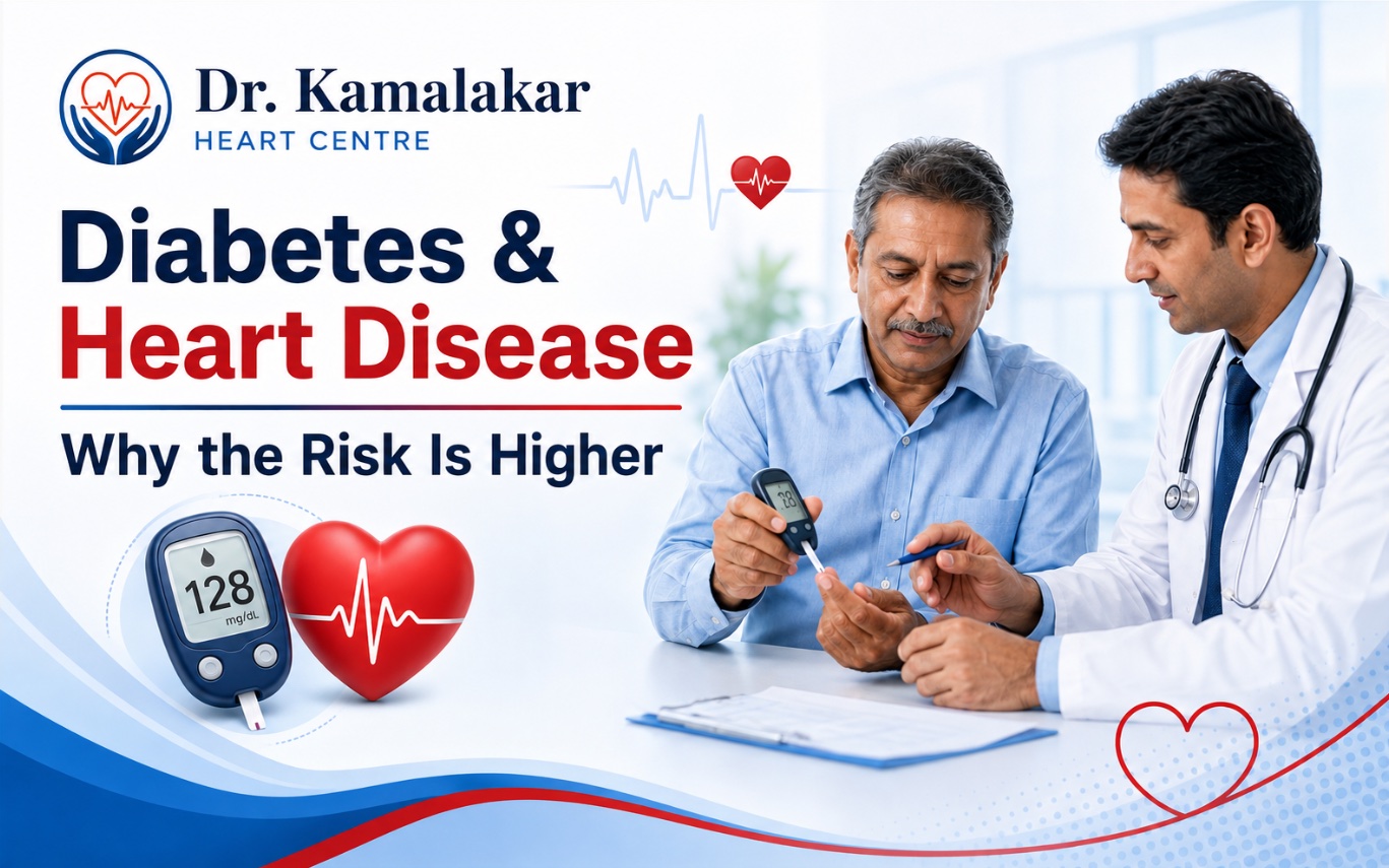 Dr. Kamalakar Heart Centre banner — 'Diabetes & Heart Disease: Why the Risk Is Higher' — a doctor checking an older patient's blood sugar with a glucometer