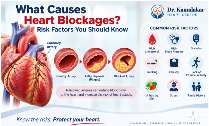 Dr. Kamalakar Heart Centre banner — 'What Causes Heart Blockages? Risk Factors You Should Know' — a coronary artery shown progressing from a healthy artery to fatty deposits to a blocked artery, with common risk-factor icons (high cholesterol, high blood pressure, diabetes, smoking, obesity, lack of physical activity, unhealthy diet, stress, family history) and the tagline 'Know the risks. Protect your heart.'